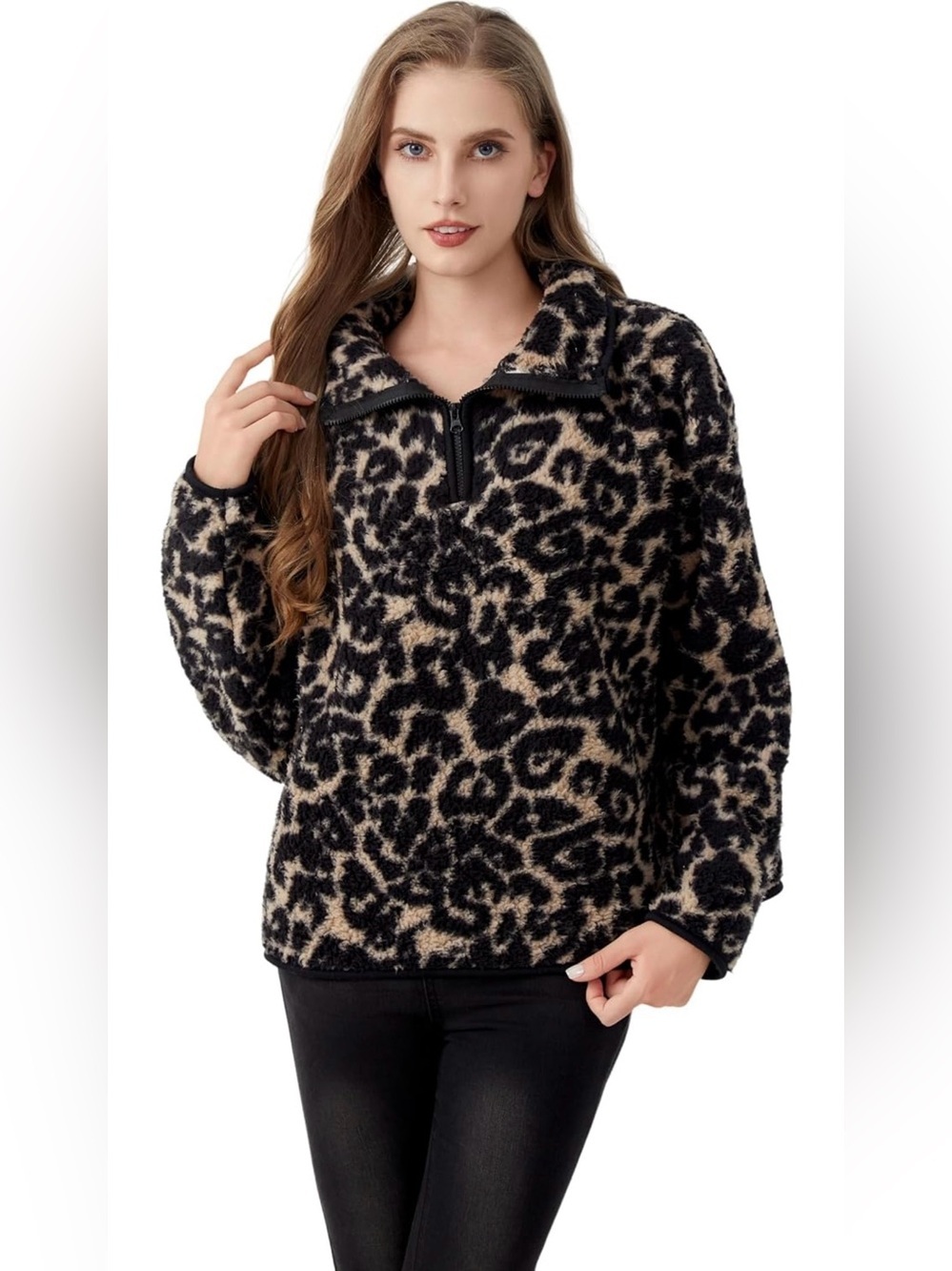 Women's Tan & Black Leopard Teddy Jacket - Cozy Half Zip Pullover